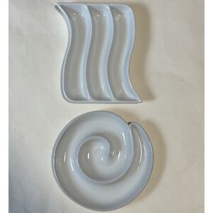 Set Of 2 Crate And Barrel White Porcelain Appetizer Dishes Wavy, Swirl Spiral
